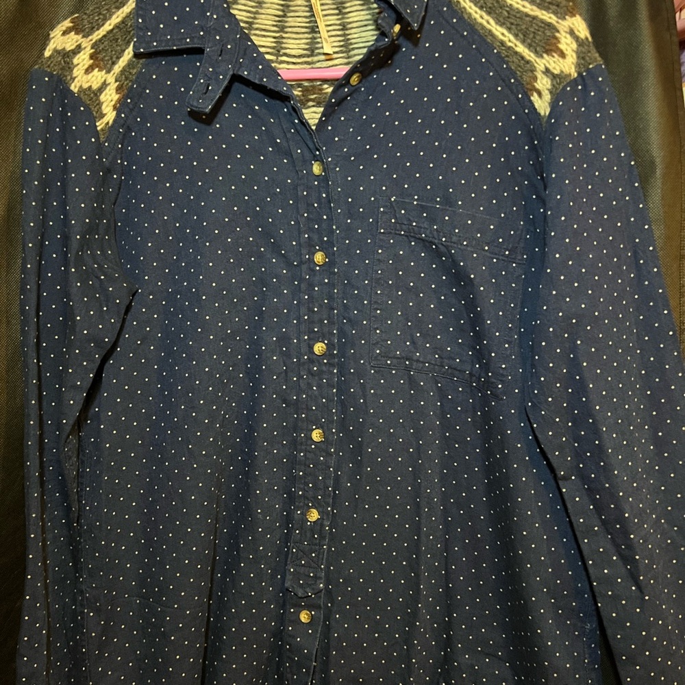 Free People Navy and White Polka Dot Top